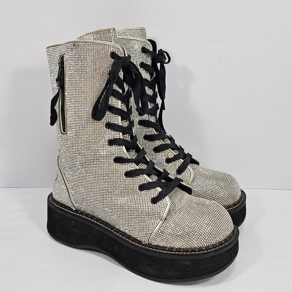 Demonia Emily-362 Silver Rhinestone Platform Combat Boots Women’s 10